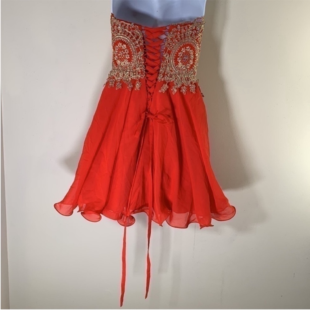 Red Strapless Tulle Party Dress with Gold Embellished Bodice. 4. NWT. - Picture 11 of 13